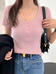 DAZY Women's Solid Color Scoop Neck Short Sleeve Fitted Basic T-Shirt, Brown, Spring/Summer - Pink - View 2