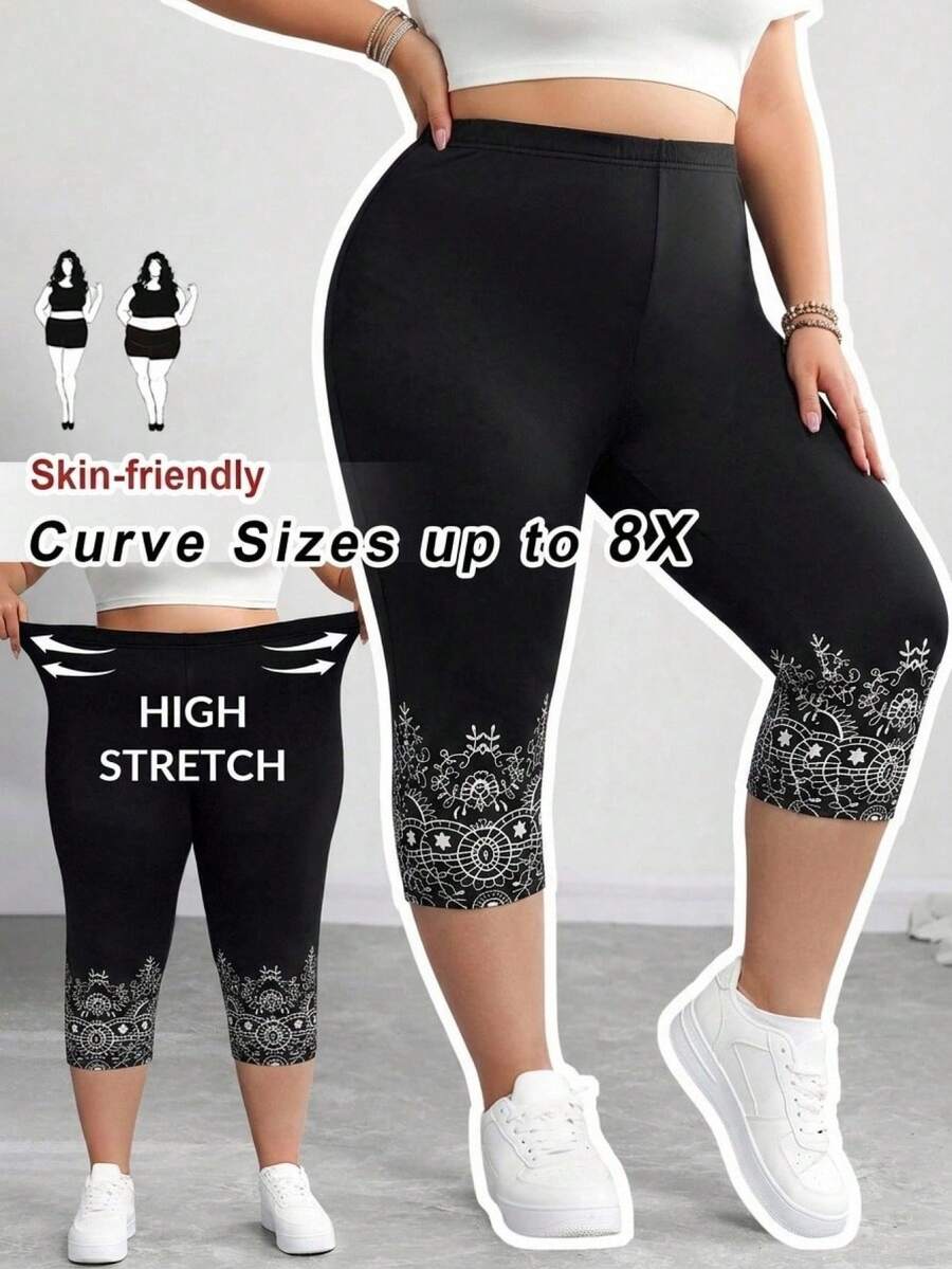 SHEIN CURVE+ Bộ đồ thể thao màu đen cỡ lớn dành cho nữ, quần legging dài đến 7/8 ôm sát, co giãn cao, thích hợp cho mùa hè/kỳ nghỉ ở quê/bãi biển/trang phục đi biển. - Nhiều màu - Xem 1