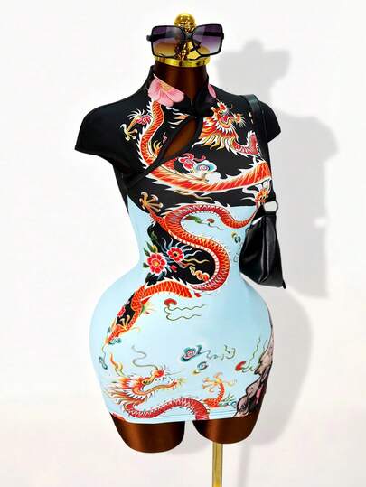 Mistrie Sexy Short Cheongsam Dress With Dragon Print, Waist Cinching, Slit, Bodycon, Suitable For Summer