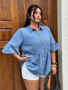 EMERY ROSE Plus Size Women Summer Casual Washed Denim Blouse Formal Vacation Light Blue - Blue - View 1