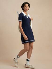 Nima Coro Athleisure Women's Colorblock V-Neck Short Sleeve Navy Blue And White A-Line Dress Fitted Silhouette Spring/Summer Back-To-School Everyday - Navy Blue - View 4