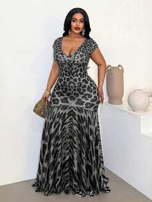 Maweii Women's Elegant V-Neck Leopard Print Fishtail Hem Design Dress, Suitable For Party, Gathering And Daily Wear - Black - View 6