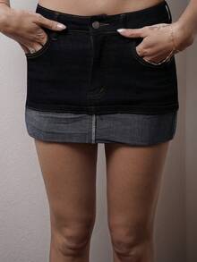 Cassandra Jullia Women's Casual Washed Color Block Patchwork Denim Mini Skirt Summer - Dark Wash - View 5
