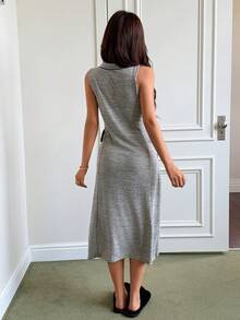 Lazeform Vestido de casa de mujer con cuello de solapa, abotonadura sencilla, sin mangas y decoración de corbata de moño en color gris - Gris - Ver 2