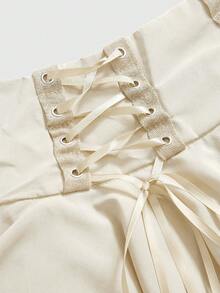 ROMWE Bohemian Gothic Style Asymmetrical Hem Eyelet Lace-Up Bow Tie Skirt For Women - Apricot - View 3