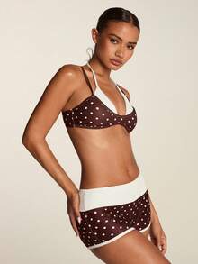 SHEIN BAE Bộ đồ thể thao 2 trong 1 gợi cảm cổ yếm in họa tiết dành cho nữ. - Đen và trắng - Xem 5
