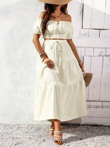 SHEIN Maternity Simple Solid Color Off-Shoulder Top And Skirt 2-Piece Set - Apricot - View 6