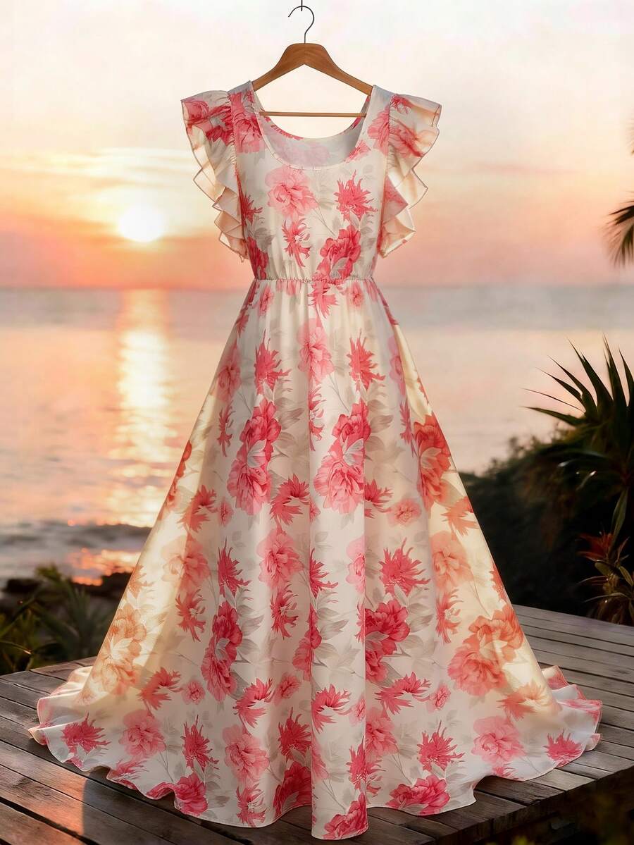 SHEIN Franclia 女士夏季长连衣裙，圆领，荷叶袖，松紧腰，A字型，花卉数码印花，休闲，通勤，度假，派对，夏季连衣裙 - 彩色 - 查看 1