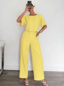 Siren Gaze 2pcs Women Solid Color Pleated Shirt And Pants Casual Suit, Summer Outfits Vacation Yellow - Yellow - View 4