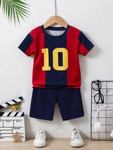 SHEIN Bubblio 2pcs/Set Kids Boy Sports Style Red & Blue Striped Jersey, Barcelona Team Logo Print Round Neck Short Sleeve Shorts, Casual Comfortable Pajamas - Multicolor - View 5