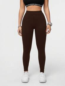 SHEIN Essnce 97%棉休闲运动针织紧身裤，长款，深棕色 - 棕色 - 查看 4