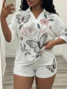Slaydiva White Summer Fairycore Vacation Plus Size 2-Piece Set,Women's Hollow Knit Striped V-Neck Short Sleeve Loose T-Shirt Top & Fitted Shorts Outing - White - View 10