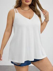 SHEIN CURVE+ Áo tank top cổ chữ V đơn giản, thoải mái dành cho phụ nữ cỡ lớn, phù hợp cho mùa hè, áo tank top trắng cổ chữ V, áo tank top đi học. - trắng - Xem 4