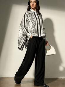 Frievida Commuting Retro Color Block Positioning Print Design Long Sleeve Loose Blouse With Vacation Vibe - Multicolor - View 7