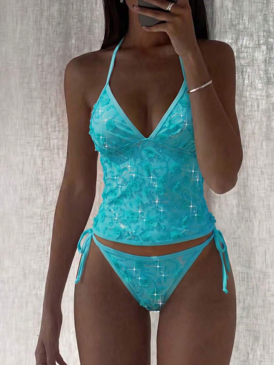Swim Mod Áo bikini hai dây cổ chữ V hở lưng gợi cảm bằng vải hoa 3D đính sequin dành cho nữ, thích hợp cho kỳ nghỉ biển. - Màu xanh lam - Xem 1