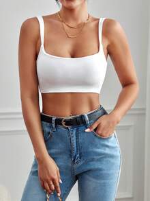 SHEIN EZwear Women's Solid Color Versatile Minimalist Cropped Sexy Tank Top - White - View 3