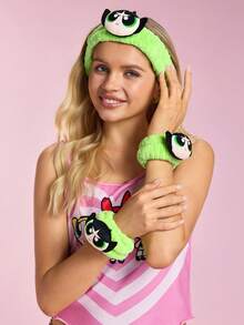 THE POWERPUFF GIRLS X SHEIN 1pc Soft Absorbent Headband, 2pcs Wristband, Comfortable & Convenient For Face Washing And Bathing - Green - View 2