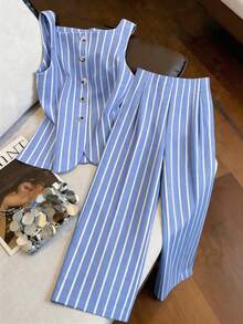 GlowEve CURVE Plus Size Women Casual Commuter Striped Tank Top & Pants Set - Blue and White - View 1
