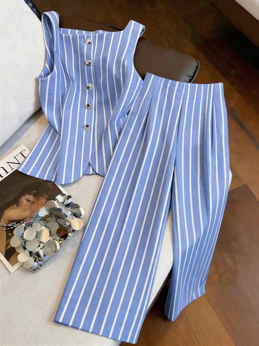 GlowEve CURVE Plus Size Women Casual Commuter Striped Tank Top & Pants Set - Blue and White - View 1