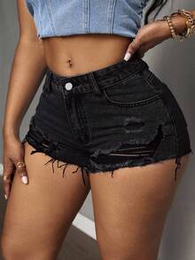 Slaydiva Shorts vaqueros desgastados de talla grande para el verano - Negro - Ver 3