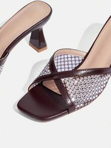 CUCCOO TILAWA Sandal Wanita Berenda Modis untuk Perjalanan Sehari-hari, Model Setengah Jejak, Warna Cokelat Kopi, Hak Tinggi, Cocok untuk Musim Panas. - Coffee Brown - View 5