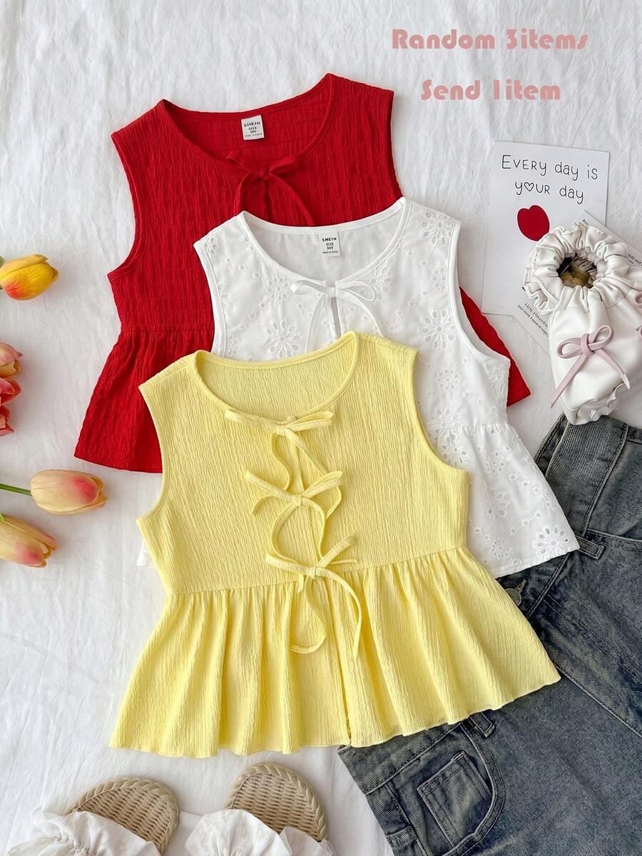 SHEIN Surprise Box [Random 3 Sets, Send 1 Set], Tween Girls' Cream Yellow Textured Bow Front Casual Vacation Top - Yellow - View 1