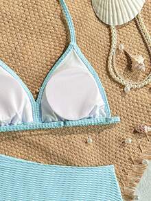 SHEIN Teen Girls Textured Seashell & Starfish Decor Halter Bikini Set,Soft & Stretchy Swimwear For Summer,Beach,Vacation,Holiday,Photography,Pool - Blue - View 4