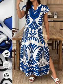 SHEIN LUNE Plus Size Women's Casual Vacation Dual-Color Floral Ruffle Sleeve Loose Split Dress, Suitable For Daily And Holiday Wear, Spring/Summer Gym Brown - Blue and White - View 4