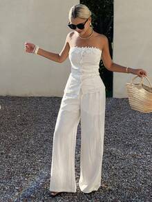 DAZY Women's 2 Pieces Elegant European Casual Luxury Lace Trim Camisole Top And Wide Leg Pants Vacation Summer Set Brunch Off-White - Apricot - View 5