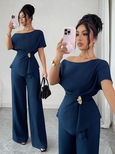 Elenzga Elegant Urban Chic New Women's Spring/Summer Navy Asymmetric One Shoulder Metal Buckle Waist Wide Leg Pants, Suitable For Daily Wear, Weddings, Galas, Commuting, Graduation Parties, Holidays, Dates, Parties, Halloween, Christmas, New Year, Thanksgiving, Wedding Ladies Two Pieces Set