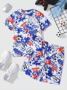 SHEIN Leap Crew Tween Boys休閒足球圖案圓領短袖t恤和短褲家居服2入組 - 藍白色 - 查看 4