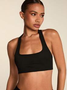 SHEIN BAE Solid Color U-Neck Sleeveless Fitted Casual Fitness Sports Tank Top, Summer - Black - View 6