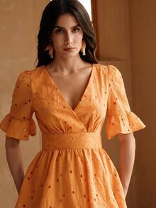 Anewsta Elegant V-Neck Orange Woven Vacation Dress For Women - Orange - View 5