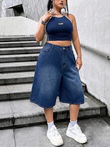Dripcurv Plus Size Casual Loose Summer Washed Slant Pocket Wide Leg Cropped Jeans - Dark Wash - View 5