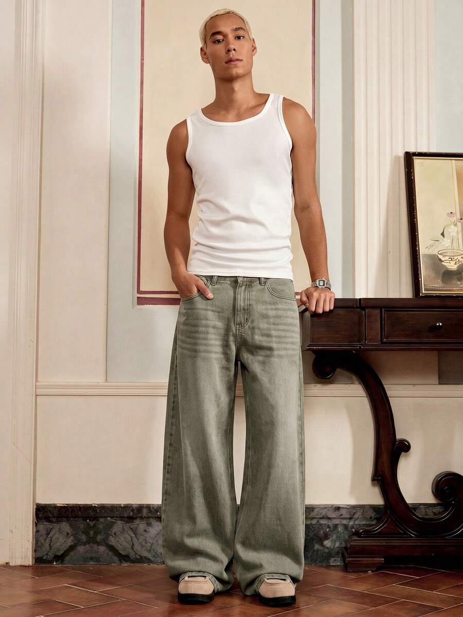 SWAVVY Jeans anchos y sueltos de moda casual para hombres, adecuados para el uso diario - Verde militar - Ver 1