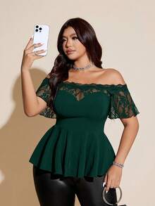 Viva Relle Plus Size Sexig Spets Patchwork Off Shoulder Svart Slim Fit Blus - Mörk Grön - Visa 1