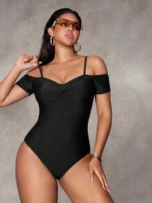 Shapewave Traje de baño de una pieza con hombros descubiertos de unicolor para mujer - Negro - Ver 4