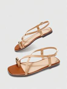 CUCCOO BIZCHIC Sandalias planas versátiles cómodas para el trabajo y el día a día, con diseño de correa de hebilla de unicolor y punta cuadrada para mujer - Albaricoque - Ver 7