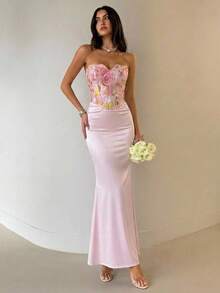 Aloruh Đầm dài nữ kiểu dáng mới, không dây vai, phối satin, màu đen trơn, đầm dự tiệc thanh lịch, đầm dự tiệc trang trọng. - Hồng - Xem 3