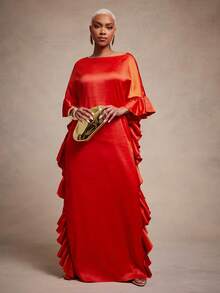 Vixey Đầm Kaftan maxi dáng suông, cổ thuyền, chi tiết bèo nhún, chất liệu satin trơn. - trái cam - Xem 1