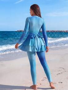 Veilorie Women's Gradient Long Sleeve Modest Middle Eastern Style Burkini Swimsuit Set, Summer - Blue - View 2