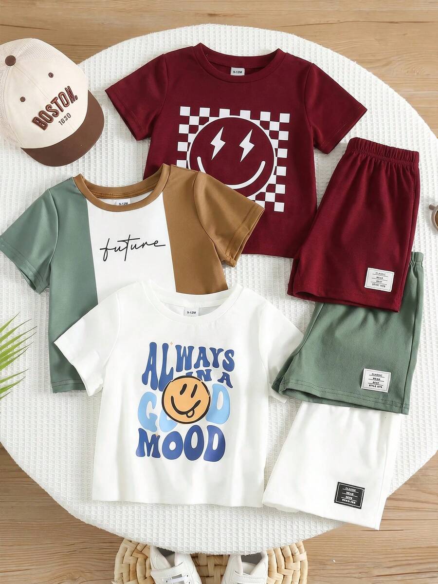 SHEIN 6pcs/Set Baby Boy Cute Casual Cartoon Print Short Sleeve T-Shirt & Elastic Waist Shorts Set, Basic Multi-Piece Outfit For Summer - Multicolor - View 1