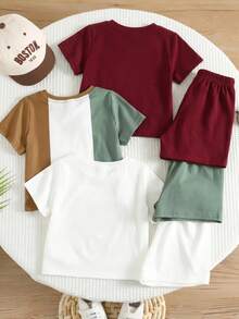 SHEIN 6pcs/Set Baby Boy Cute Casual Cartoon Print Short Sleeve T-Shirt & Elastic Waist Shorts Set, Basic Multi-Piece Outfit For Summer - Multicolor - View 2