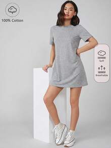SHEIN BASICS 纯色圆领短袖简约设计休闲百搭夏季T恤连衣裙 - 淺灰色 - 查看 9