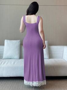 Vibekara Plus Size Diamond Collar Ribbed Contrast Ruffle Cap Sleeve Dress - Purple - View 2