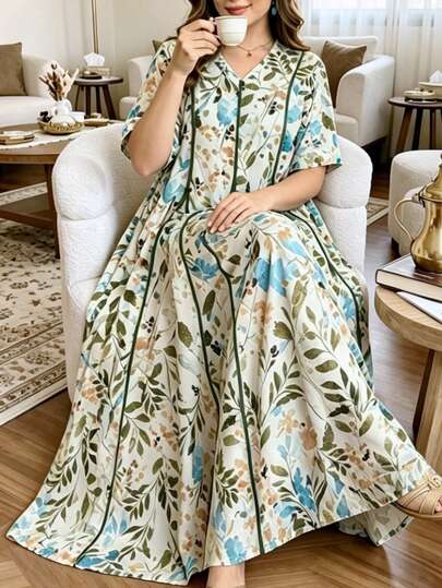 Al Najma Floral Patchwork Contrast Color Ruffle Design Button Decor V-Neck Short Sleeve Loose Minimalist Elegant Plus Size Arabic Style Maxi Dress
