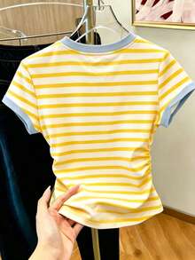 Camiseta casual de mujer de cuello redondo, manga corta, a rayas y fruncida, para verano - Multicolor 12 - Ver 6