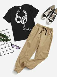 SHEIN Cậu bé Tween In Tai nghe Áo thun & Eo dây rút Quần - Nhiều màu - Xem 2