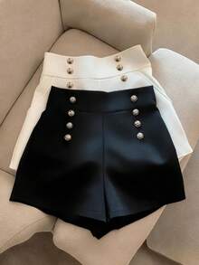 Formidée Celana Pendek Wanita Model A-Line Hitam Putih Model Ramping, Model Double-Breasted Warna Emas Terbaru untuk Musim Panas, Kasual, dan Liburan. - Hitam dan Putih - View 5