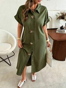 Ceyna Plus Size Women's Olive Green Summer Vacation Holiday Maxi Dress,Starfish Metal Button Decor,Textured Woven Raglan Sleeve Crew Neck Asymmetric Dress - Army Green - View 4